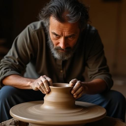 真剣な表情でろくろを回す職人