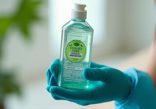 Mano con guanto Arcipelago Pulisia che tiene un flacone di detergente ecologico certificato.